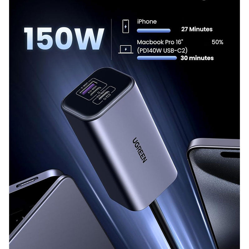 Incarcator auto UGREEN 150W 4-Port GaN Fast Car Charger EC706, 1 x USB A, 3 x USB C, Gri