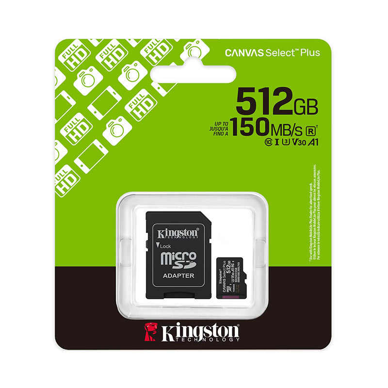 Card memorie KINGSTON 512GB Canvas Select Plus, SD adaptor, MicroSDTM HC UHS-I, Clasa 10, V30, UHS-I U3, performanta Android A1