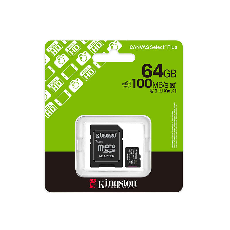 Card memorie KINGSTON 64GB Canvas Select Plus cu SD adaptor, MicroSDTM HC UHS-I, Clasa 10, V10, UHS-I U1, performanta Android A1