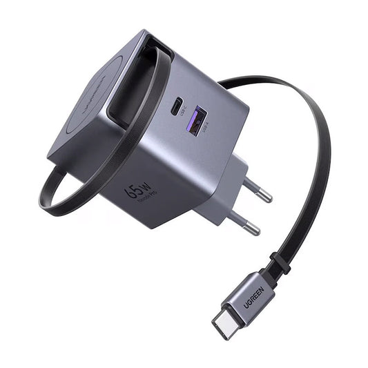 Incarcator rapid cu cablu retractabil UGREEN 65W GaN Fast Charger X615, 2 x USB C + 1 x USB A, Gri