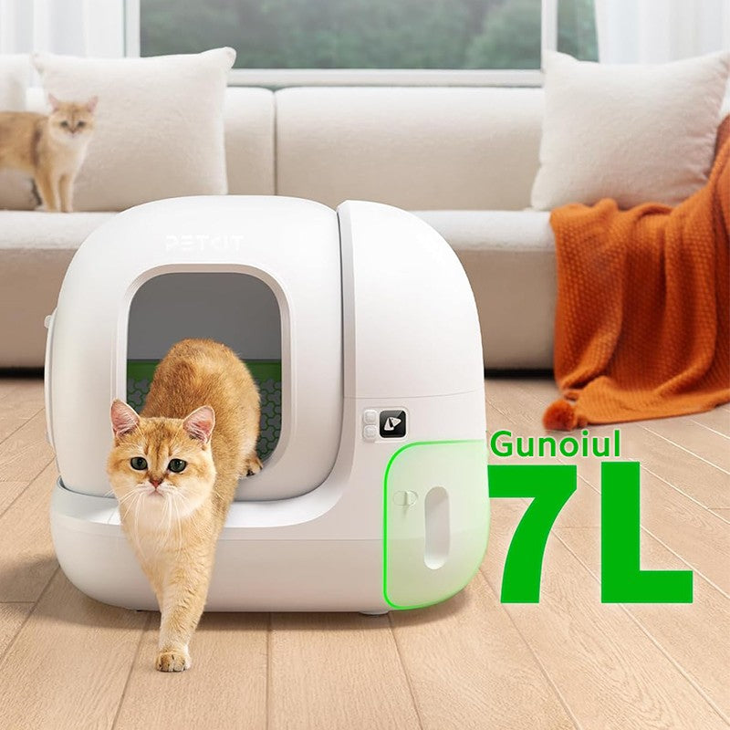Litiera smart cu autocuratare PetKit Pura Max 2 pentru pisici, Capacitate 7L, Alb, Afisaj LED, Bluetooth, WiFi