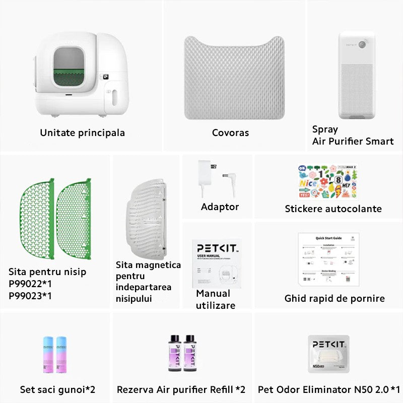 Litiera smart cu autocuratare PetKit Pura Max 2 pentru pisici, Capacitate 7L, Alb, Afisaj LED, Bluetooth, WiFi