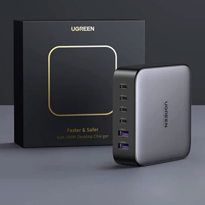 Incarcator rapid UGREEN GaN 200W Desktop Charger + cablu USB-C, 4x USB-C, 2x USB-A, Gri