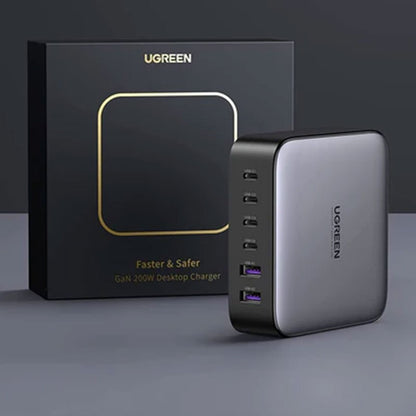 Incarcator rapid UGREEN GaN 200W Desktop Charger + cablu USB-C, 4x USB-C, 2x USB-A, Gri