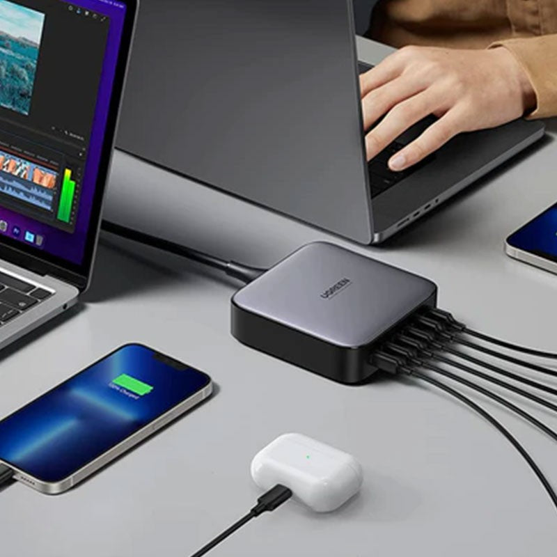 Incarcator rapid UGREEN GaN 200W Desktop Charger + cablu USB-C, 4x USB-C, 2x USB-A, Gri