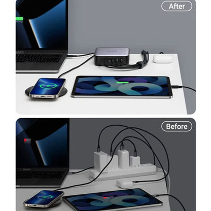 Incarcator rapid UGREEN GaN 200W Desktop Charger + cablu USB-C, 4x USB-C, 2x USB-A, Gri