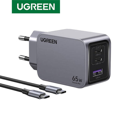 Incarcator rapid retea UGREEN Nexode Pro 65W 3-Port GaN Fast Charger Set EU + Cablu USB-C, 2x USB-C, 1x USB-A, Negru