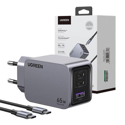 Incarcator rapid retea UGREEN Nexode Pro 65W 3-Port GaN Fast Charger Set EU + Cablu USB-C, 2x USB-C, 1x USB-A, Negru