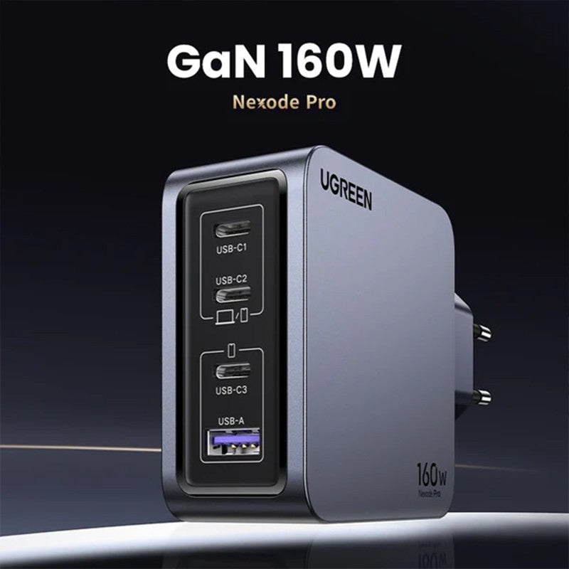 Incarcator rapid retea UGREEN Nexode 160W 4-Port GaN Fast Charger EU + cablu UBS-C, 3x USB-C + 1x USB-A, Gri