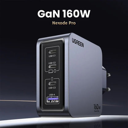 Incarcator rapid retea UGREEN Nexode 160W 4-Port GaN Fast Charger EU + cablu UBS-C, 3x USB-C + 1x USB-A, Gri