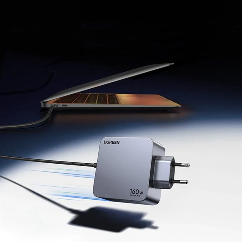Incarcator rapid retea UGREEN Nexode 160W 4-Port GaN Fast Charger EU + cablu UBS-C, 3x USB-C + 1x USB-A, Gri