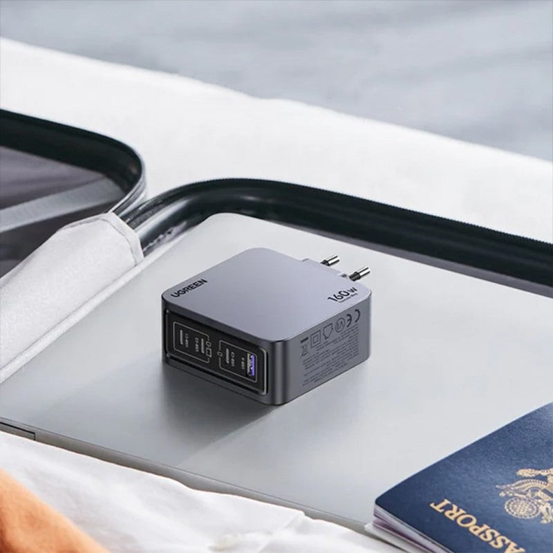 Incarcator rapid retea UGREEN Nexode 160W 4-Port GaN Fast Charger EU + cablu UBS-C, 3x USB-C + 1x USB-A, Gri