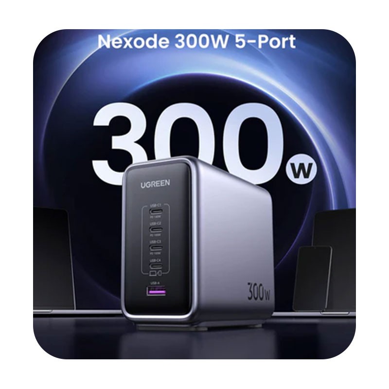 Incarcator rapid UGREEN Nexode 300W 5-Port PD GaN Fast Charger EU + cablu USB-C, 4x USB-C + 1x USB-A, Gri