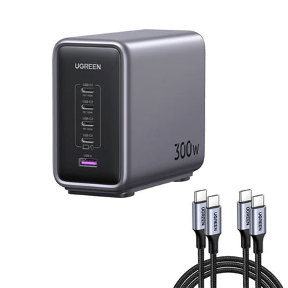 Incarcator rapid UGREEN Nexode 300W 5-Port PD GaN Fast Charger EU + cablu USB-C, 4x USB-C + 1x USB-A, Gri