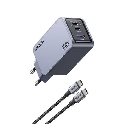Incarcator rapid retea UGREEN Nexode 100W 3-Port GaN Fast Charger EU, 1 x USB-A - 2 x USB-C, Gri