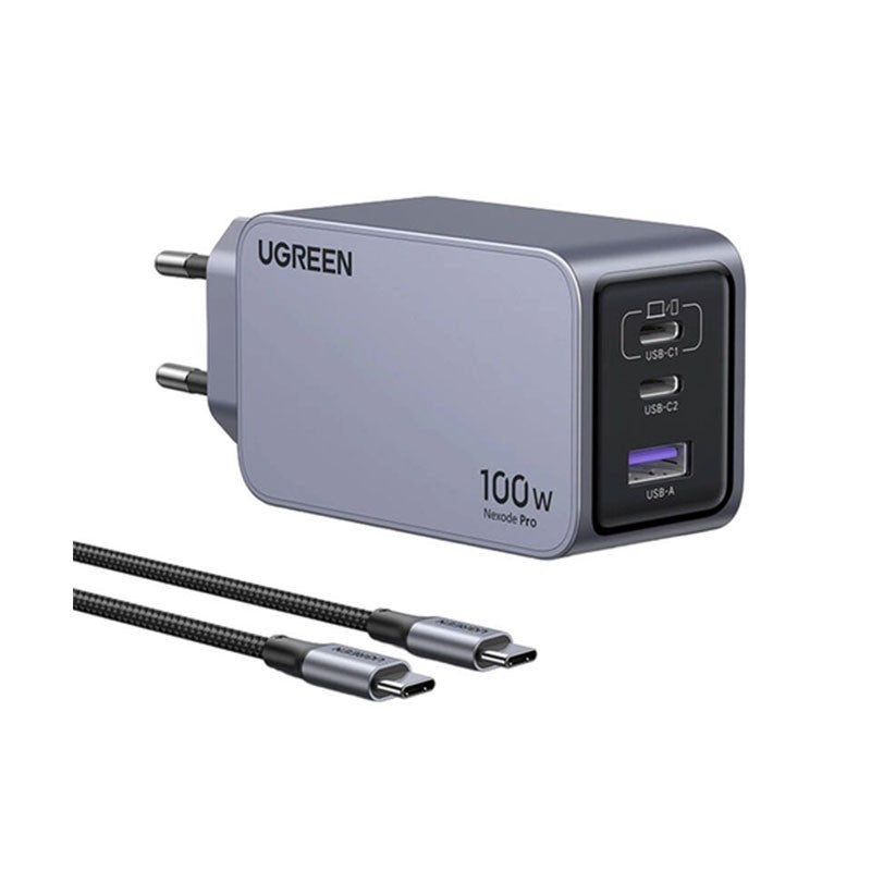 Incarcator rapid retea UGREEN Nexode 100W 3-Port GaN Fast Charger EU, 1 x USB-A - 2 x USB-C, Gri