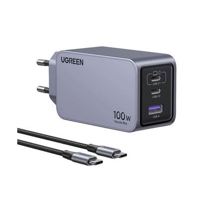 Incarcator rapid retea UGREEN Nexode 100W 3-Port GaN Fast Charger EU, 1 x USB-A - 2 x USB-C, Gri