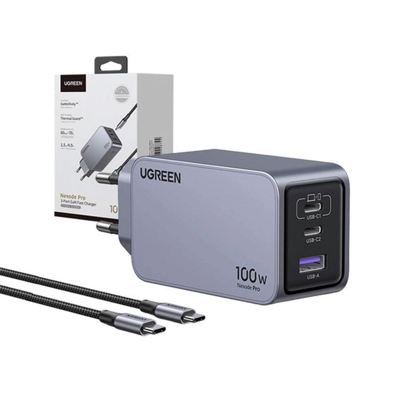 Incarcator rapid retea UGREEN Nexode 100W 3-Port GaN Fast Charger EU, 1 x USB-A - 2 x USB-C, Gri