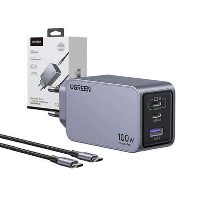 Incarcator rapid retea UGREEN Nexode 100W 3-Port GaN Fast Charger EU, 1 x USB-A - 2 x USB-C, Gri