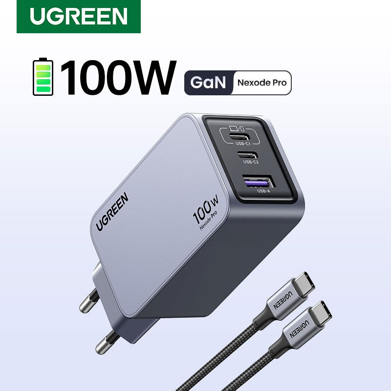Incarcator rapid retea UGREEN Nexode 100W 3-Port GaN Fast Charger EU, 1 x USB-A - 2 x USB-C, Gri