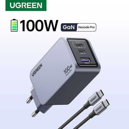 Incarcator rapid retea UGREEN Nexode 100W 3-Port GaN Fast Charger EU, 1 x USB-A - 2 x USB-C, Gri