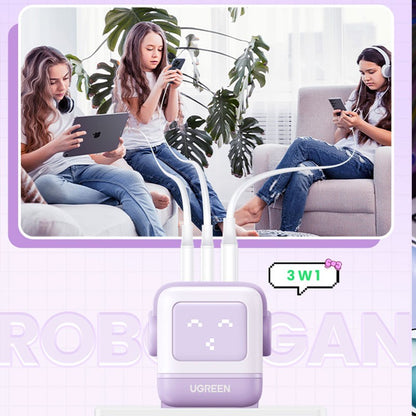 Incarcator rapid retea robot UGREEN Nexode RG 65W 3-Port GaN Fast Charger EU, 2 x USB-C + 1 X USB-A, Lila