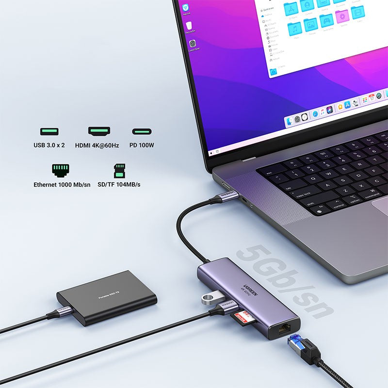 Adaptor multifunctional 7-in-1 UGREEN USB-C, 2 x USB 3.2, 1 x HDMI 4K, 1 x USB-C PD 100W, 1 x Ethernet 1Gbps, Gri