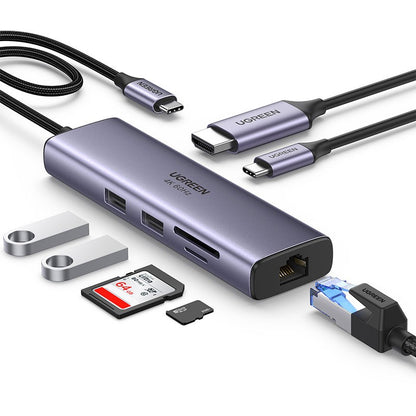 Adaptor multifunctional 7-in-1 UGREEN USB-C, 2 x USB 3.2, 1 x HDMI 4K, 1 x USB-C PD 100W, 1 x Ethernet 1Gbps, Gri