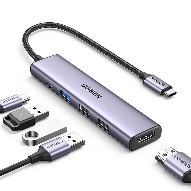 Adaptor multifunctional 5-in-1 UGREEN USB-C Adapter , 1X USB 3.0, 2X USB 2.0, 1X HDMI 4K,USB-C 100W PowerDelivery, Gri
