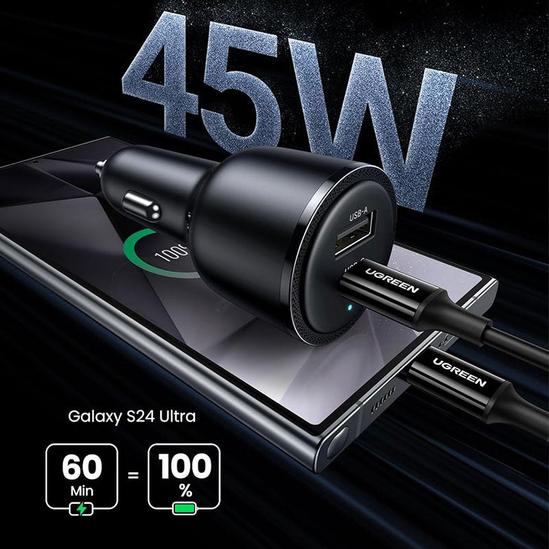 Incarcator auto UGREEN 63W 2-Port Fast Car Charger EC701, 1 x USB A, 1 x USB C, Gri