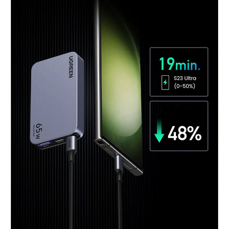 Incarcator rapid retea UGREEN Nexode Pro 65W 3-Port GaN Ultra-Slim Fast Charger X753, 2 x USB C + 1 x USB A, Gri