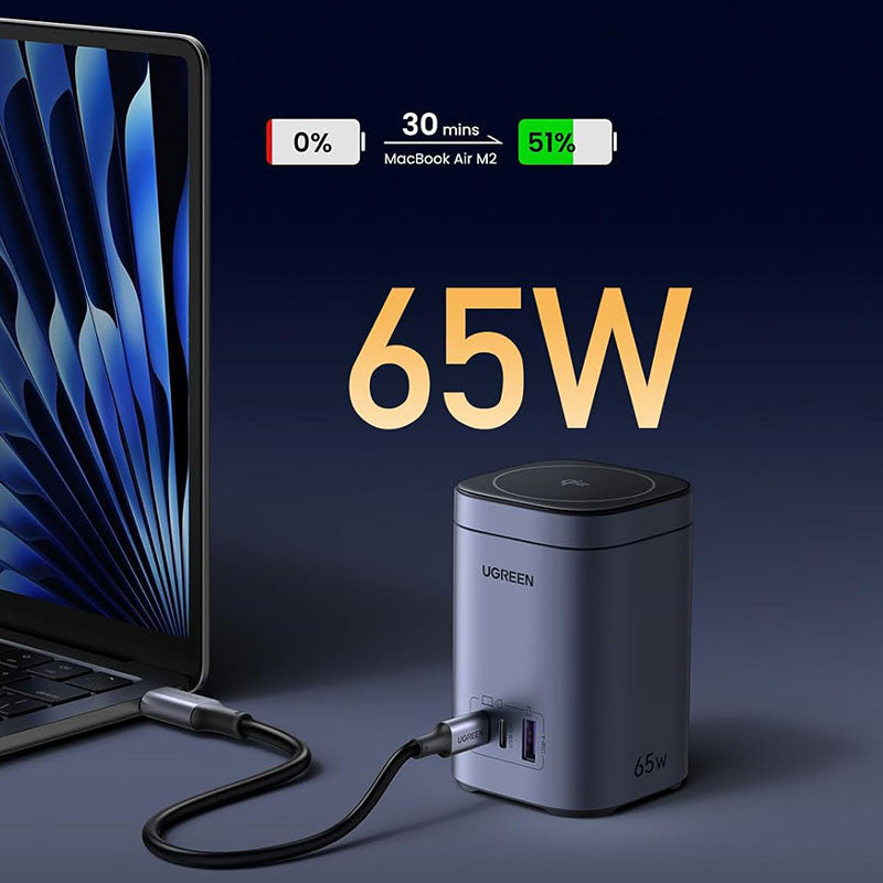 Statie de incarcare 4 in 1 UGREEN 65W 4-in-1 GaN Desktop Fast Charger X555, 2 x USB C, 1 X USB A,  Gri