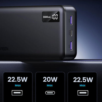 Baterie externa UGREEN 20.000mAh Two-way Fast Charging Power Bank PB312,  incarcare bidirectionala, Ecran LED, 3 porturi, Negru