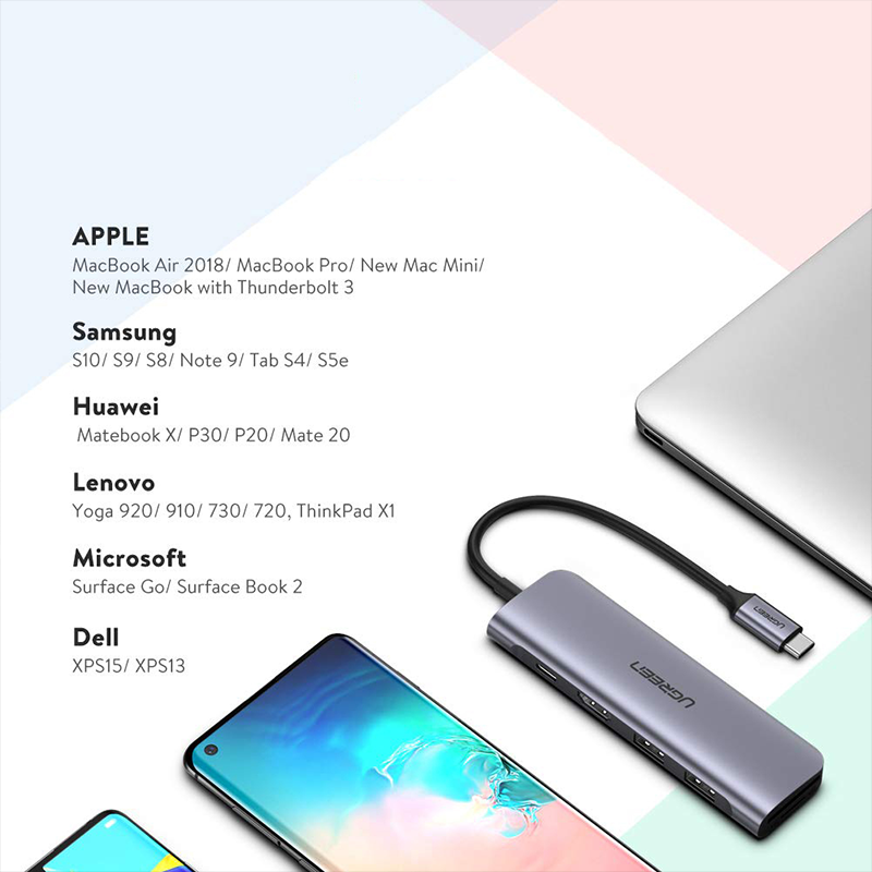 Adaptor multifunctional UGREEN 6-in-1 USB C CM195, 3 x USB 3.0, 1 x HDMI, 1 x SD, 1 x Micro SD, Gri