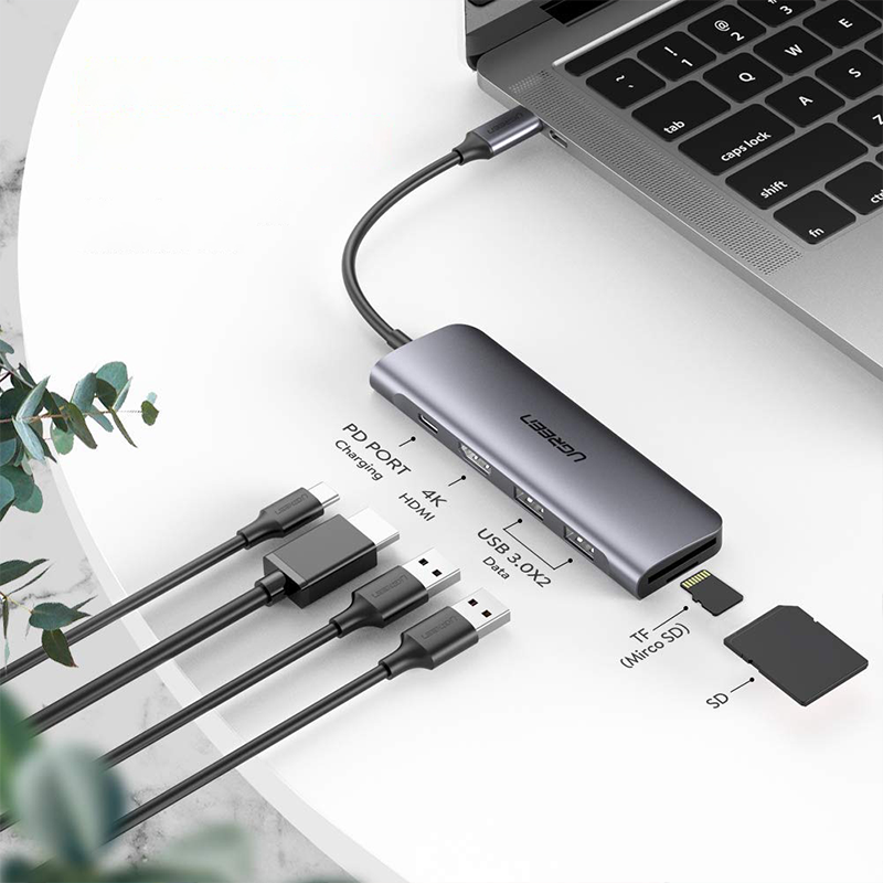 Adaptor multifunctional UGREEN 6-in-1 USB C CM195, 3 x USB 3.0, 1 x HDMI, 1 x SD, 1 x Micro SD, Gri