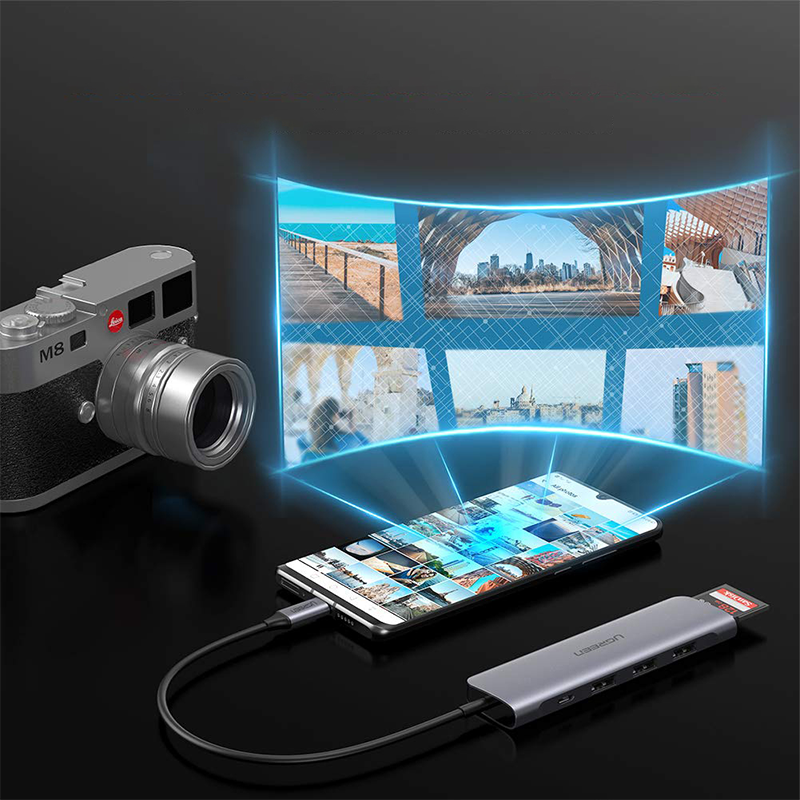 Adaptor multifunctional UGREEN 6-in-1 USB C CM195, 3 x USB 3.0, 1 x HDMI, 1 x SD, 1 x Micro SD, Gri