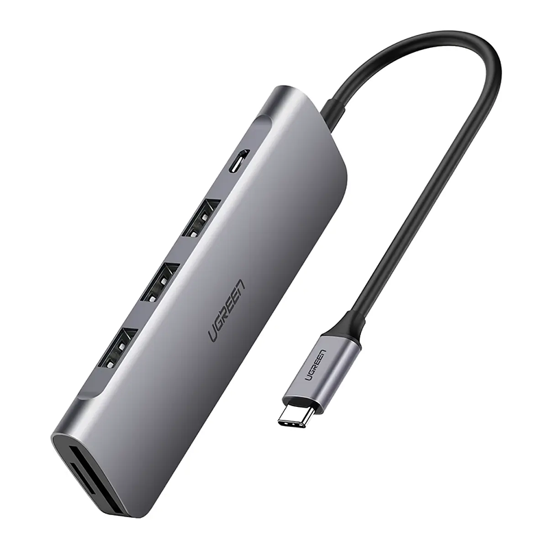 Adaptor multifunctional UGREEN 6-in-1 USB C CM195, 3 x USB 3.0, 1 x HDMI, 1 x SD, 1 x Micro SD, Gri