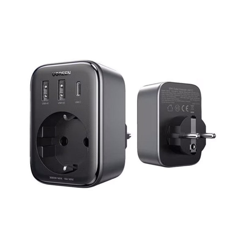 Adaptor UGREEN 30W Outlet Extender EU (2A1C) CD314, 2 x USB-A, 1 x USB-C, Negru