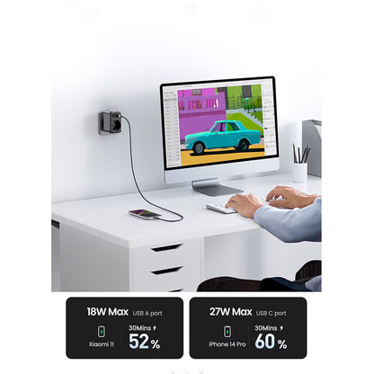 Adaptor UGREEN 30W Outlet Extender EU (2A1C) CD314, 2 x USB-A, 1 x USB-C, Negru