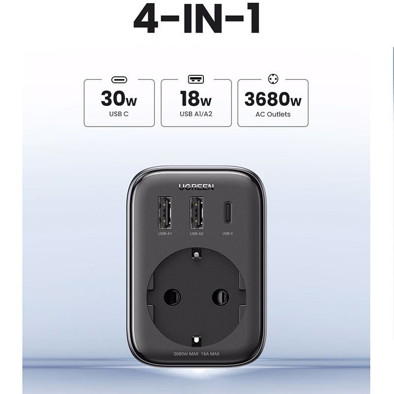Adaptor UGREEN 30W Outlet Extender EU (2A1C) CD314, 2 x USB-A, 1 x USB-C, Negru