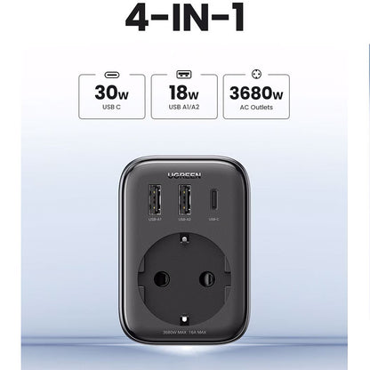 Adaptor UGREEN 30W Outlet Extender EU (2A1C) CD314, 2 x USB-A, 1 x USB-C, Negru