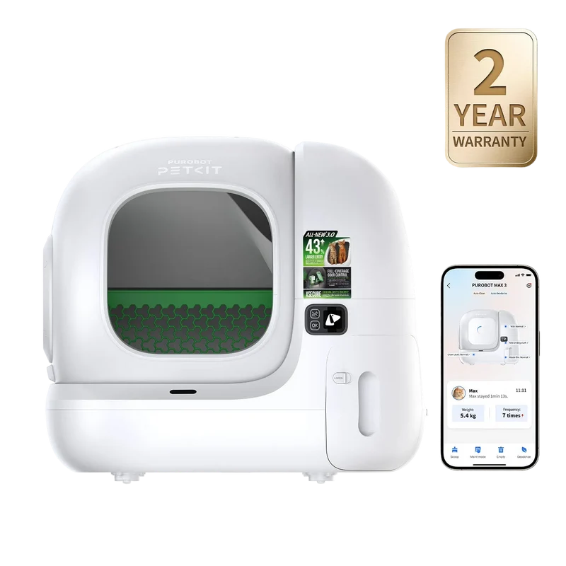 Litiera smart cu autocuratare PETKIT Purobot Max 3 pentru pisici, Functie autocuratare, Capacitate 7L, Afisaj Led, Bluetooth, WiFi, Alb