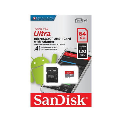 Card de memorie SanDisk Ultra microSDHC 64GB, cu Adaptor,  Class 10, 120MB/s, A1, UHS-I