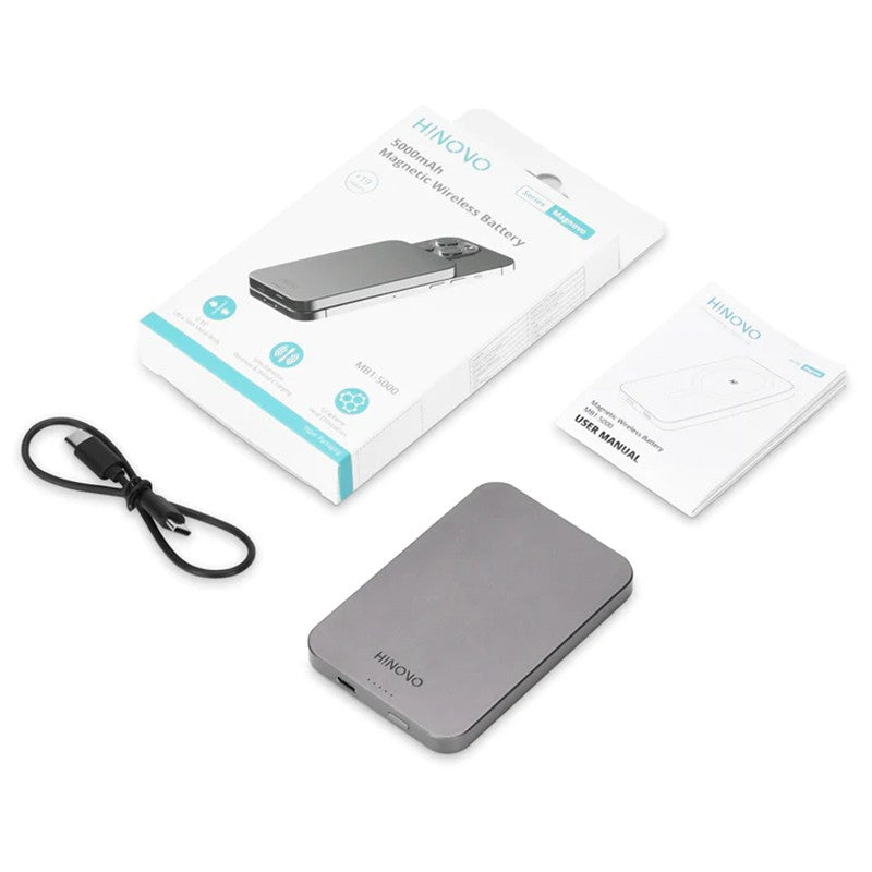 Resigilat - Baterie externa HINOVO MB1-5000 Magsafe Power Bank 5000mAh pentru iPhone, Incarcare Wireless, functie MagSafe, Atasare magnetica