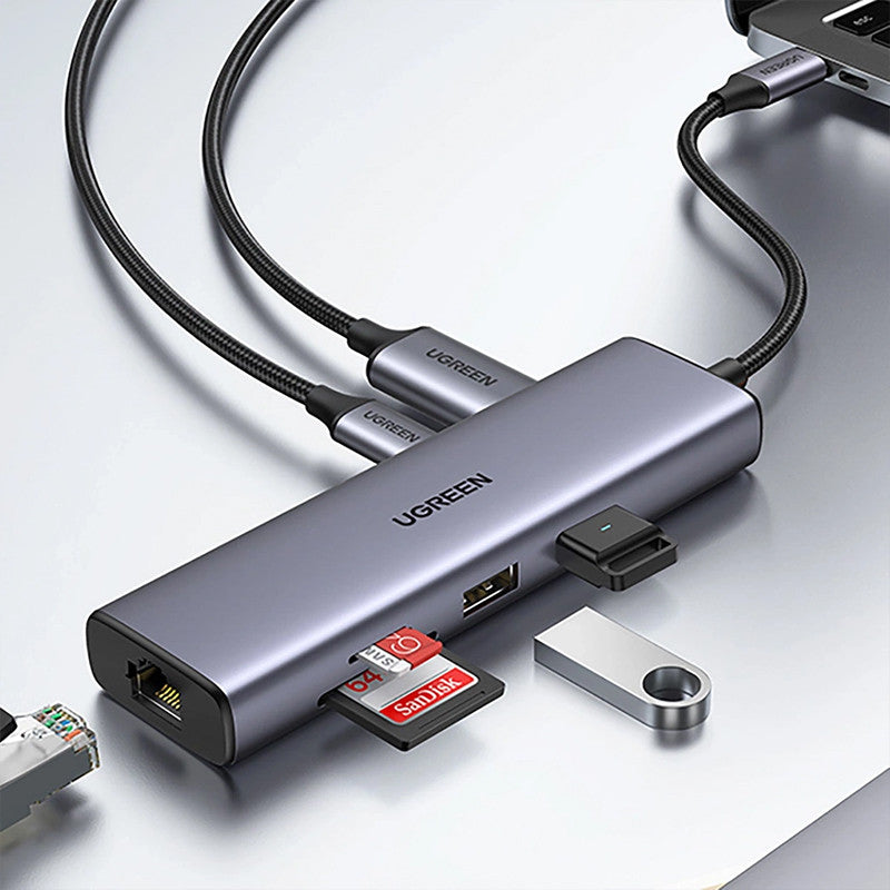 Adaptor multifunctional UGREEN USB C CM512, 2 x USB-A 3.0, 1 x USB-C, 1 x HDMI, 1 x RJ45, 1 x SD, 1 x microSD, Gri