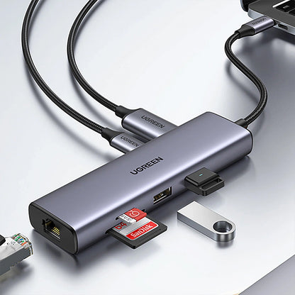 Adaptor multifunctional UGREEN USB C CM512, 2 x USB-A 3.0, 1 x USB-C, 1 x HDMI, 1 x RJ45, 1 x SD, 1 x microSD, Gri