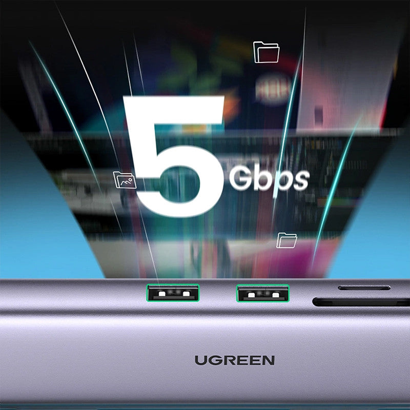 Adaptor multifunctional UGREEN USB C CM512, 2 x USB-A 3.0, 1 x USB-C, 1 x HDMI, 1 x RJ45, 1 x SD, 1 x microSD, Gri