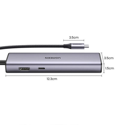 Adaptor multifunctional UGREEN USB C CM512, 2 x USB-A 3.0, 1 x USB-C, 1 x HDMI, 1 x RJ45, 1 x SD, 1 x microSD, Gri