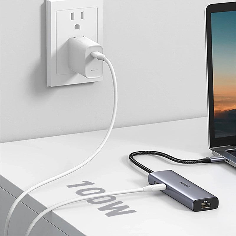 Adaptor multifunctional UGREEN USB C CM512, 2 x USB-A 3.0, 1 x USB-C, 1 x HDMI, 1 x RJ45, 1 x SD, 1 x microSD, Gri