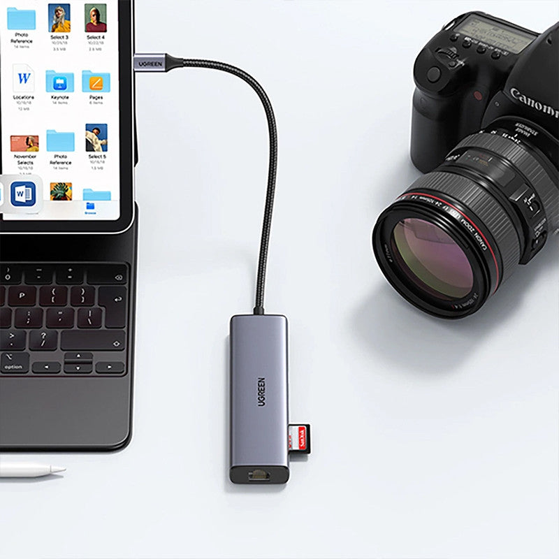 Adaptor multifunctional UGREEN USB C CM512, 2 x USB-A 3.0, 1 x USB-C, 1 x HDMI, 1 x RJ45, 1 x SD, 1 x microSD, Gri